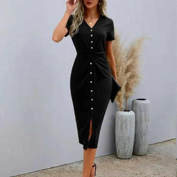 Casual Black Button up Short Sleeve Midi Dress